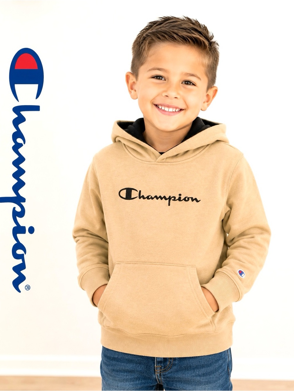 Champion Boys Hoodie in Tan with Black Logo